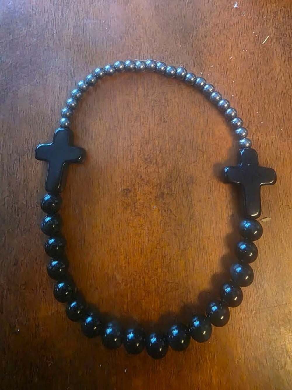 Black Beaded bracelet with Double Cross Pendants